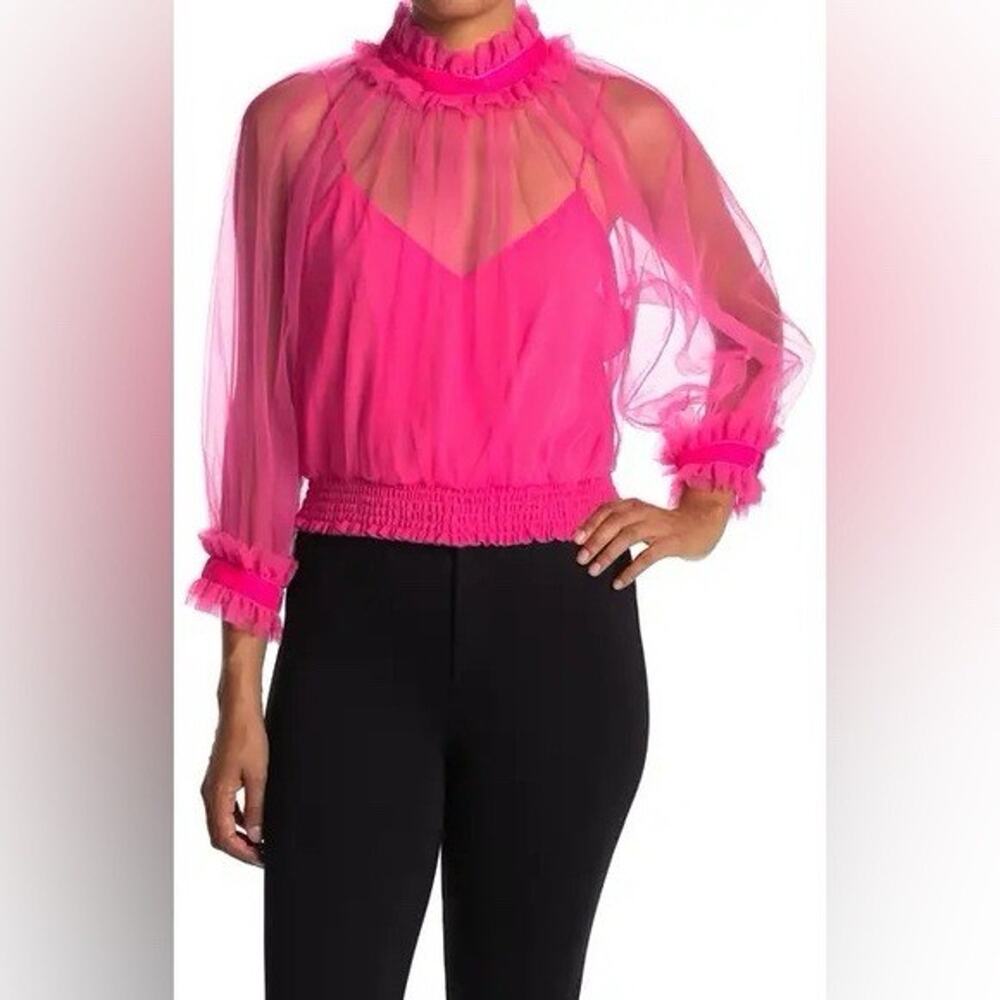 Alice + Olivia Alexia Ruffled Sheer Blouse Pink Preppy Valentine's Day Womens XS